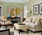Get Inspired: Set the Mood 这种浅绿色的墙面，让咖啡色的家具，框线，更加突出。点缀了鹅黄色的毯子，花朵，ottomans,花；当然，白色起到了中和作用