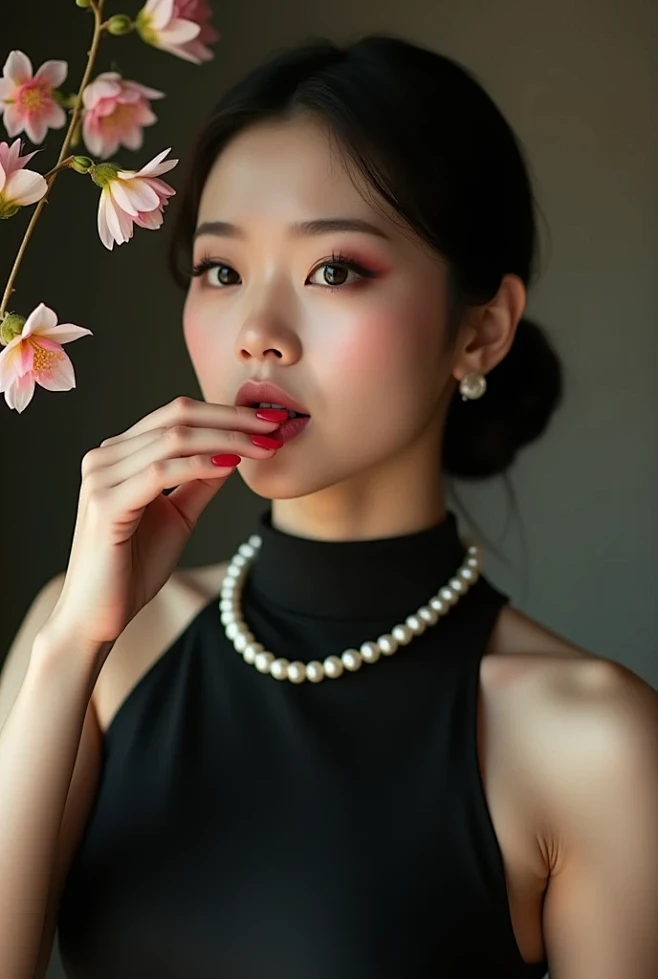 摄影，大光圈 ，模糊背景，高清，真实人类，1 亚洲女孩，闻闻花香，动作自然优雅，有点胖，红指甲，美丽的面部特征，精致妆容，精致的眼睛，眼睛细节 ...