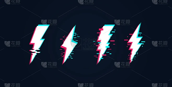 一套4雷电图标。闪电图标孤立在白色背景上。霓虹灯故障雷电集。矢量图素材-花瓣网