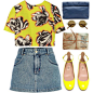 A fashion look from February 2014 featuring short sleeve tops, blue skirt and yellow flats. Browse and shop related looks.