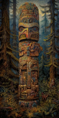 glorious tall animal totem pole ,the land of the eagle, psychedelic scifi ,intricate carved wood, vibrant colors, front shot, lush Alaskan vegetation in the background, art by Jack Kirby, Paul Klee,dramatic golden lighting, National Geographic photography