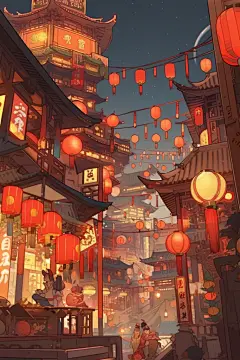 黑夜星空建筑漫画扁平风插画