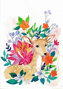 鹿与花—水彩插画欣赏