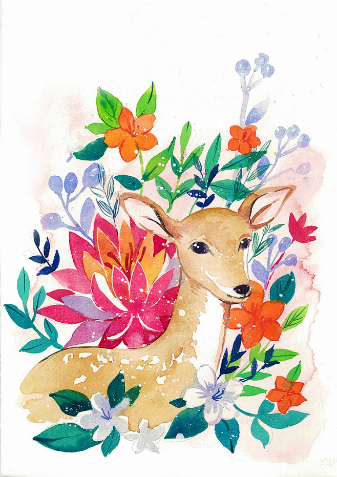 鹿与花水彩插画欣赏