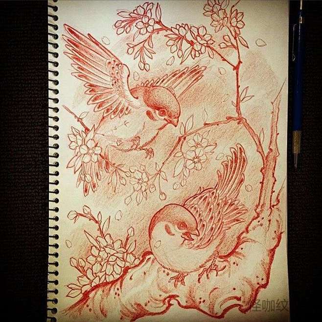 日式手稿鸟纹身图案