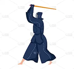 武术，剑士，日本传统武器。武士与武士刀，卡通风格矢量插图，孤立在白色