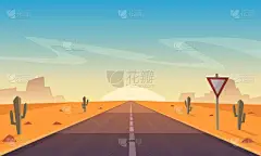沙漠风景与沥青路面，卡通矢量图.