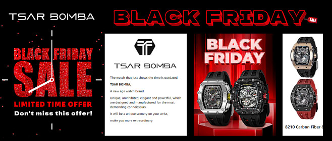 TSAR BOMBA亚马逊男士手表店铺黑...