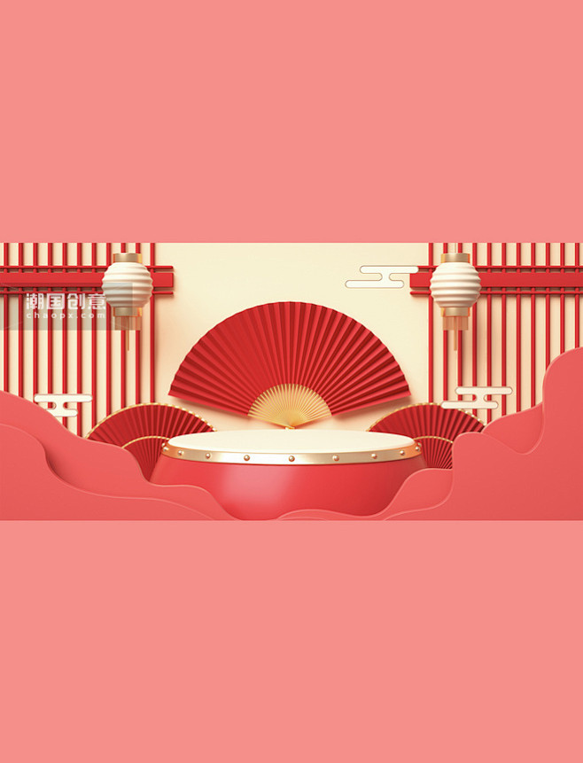 红色中国风国潮电商c4d展台背景图片_潮...