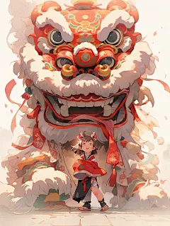 舞狮少年水彩插画喜庆海报