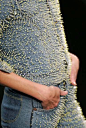 denim jacket embroidered with transparent glass tubes and yellow cast glass beads:
