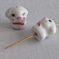 Ceramic Piglet Beads (6) - Ceramic Pig Bead -  White Piglet Beads  - Animal Beads - Lucky Cat Beads - BCAPIG : A package of 6 ceramic piglet beads. The pigs are sweet little piglets with shy eyes and a red bow tie. Each bead measures 17 x 18 x 14 mm. The 