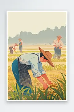 AI复古农民插秧春耕农忙种田插画