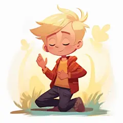 boy with blonde hair praying childrens book illustration, cartoon style, by Rebecca Sugar, Atey Ghailan, and Mary Blair. The aspect ratio of the illustration should be 3:2, and feel free to incorporate vibrant colors and imaginative details to capture the