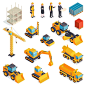 Isometric construction set with isolated images of orange vehicles building machinery materials human characters of builders vector illustration