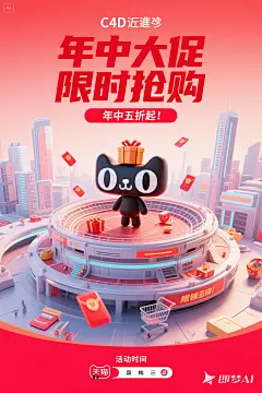 jimeng-2025-05-16-983-C4D渲染，一个未来城市景观，曲线和几何形状的建筑，场景以中心的多层圆形结构为特色，一个圆形竞技场，上面有主体_一个大型的天猫吉祥物，和礼盒，两侧有红包，购