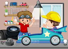 卡通职业人物在修车  - 源文件下载【酷图网】手绘学生,手绘,女孩,儿童,快乐,人物,卡通儿童,女生,男生,