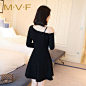 MVF小清新女裙韩版青年露肩吊带时尚秋季九分袖短裙女 连衣裙7804-tmall.com天猫