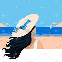 女孩穿着泳衣，戴着帽子坐在沙滩上看着大海