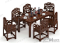 中式实木长方形雕花餐桌雕刻祥云卷边镂空座椅复古桌椅组合