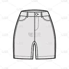 牛仔短裤技术时尚插图，大腿中长，正常的腰，高腰，弯曲的5个口袋