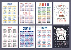 新年前夕,简单,猪,2019,多色的,格子,日历,星期日,星期,开端
