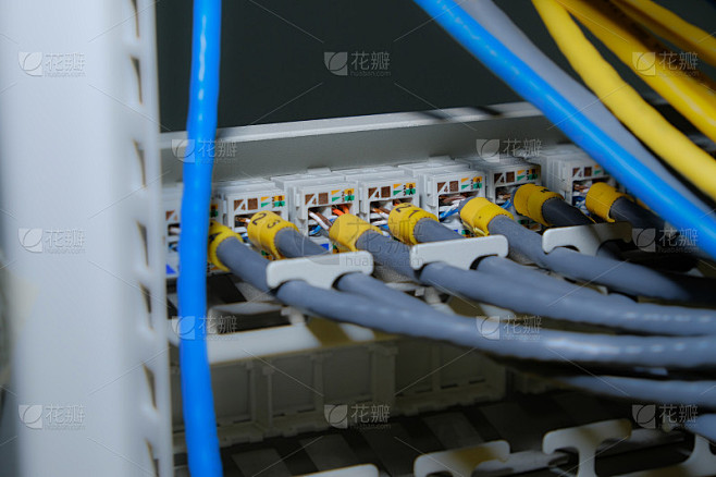 数据服务器室接线板上rj45母模块连接器，UTP cat6电缆。近距离