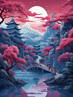 中国艺术，杭州西湖，使用迷幻的配色方案，超详细的插图，淡红色