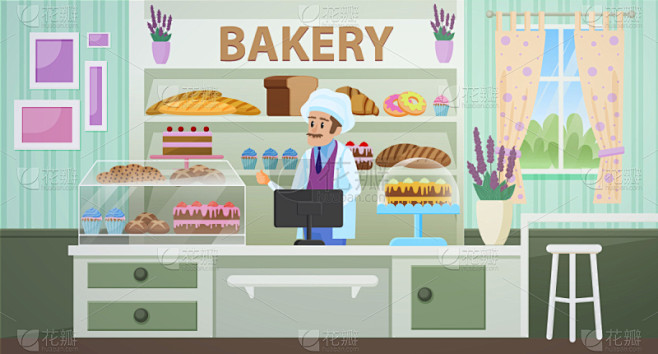 商店,烘焙师,面包店,卡通,绘画插图,矢量,平坦的