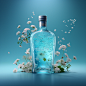 A bottle of essence is suspended in a lightblue background, and floating flowers and plantsperfectly complement the theme,product oblique 45 degrees, dynamic,backlight,A style of realistic detail