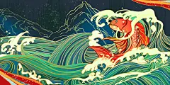 国潮中国风卡通手绘山水锦鲤海浪纹样原创插画素材