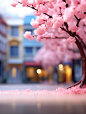 Blurry tree in pink background of a city by road, in the style of cherry blossoms, vibrant stage backdrops, schlieren photography, traditional craftsmanship, unreal engine 5, macro zoom, detailed world-building