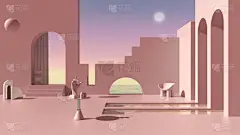 幻想的虚构建筑，梦幻般的空旷空间，外廊设计，混凝土粉墙，拱形窗户，水池，有手像的桌子，海景，风景