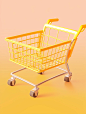 3d blender of a yellow shopping cart, in the style of vray tracing, rendered in maya, texture exploration, soft gradients, white and orange, mingei, infused with social commentary