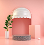 Mockup black marble podium on pink scene with roof top door and plant 3d render