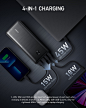 This may contain: an advertisement for the new samsung galaxy note 4 in black and silver with four charging devices