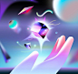 This may contain: a person's hand holding an object in front of a sky filled with colorful shapes