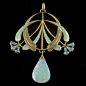 Art Nouveau pendant - An 18 carat gold enameled pendant with a large opal drop and small diamonds in the eucalyptus buds.  Signed E. FEUILLÂTRE  (Eugene Feuillâtre, French 1879-1916)