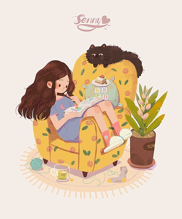 坐在沙发上的小女孩小女孩平面插画小清新配色