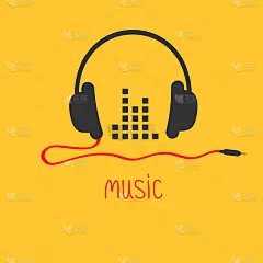 带线的耳机和均衡器字音乐卡。平面设计图标黄色背景
