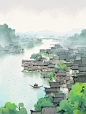 写意江南水乡青泉烟雨，中国古代乡村风光，鸟瞰全景海报