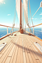 close-up view of ocean from the deck of a yacht, white deck, sailboat bow, Bright tones, warm lighting, clean sky in the background, no cloud, 3D, Pixar Disney style, C4D, cute, cartoon,