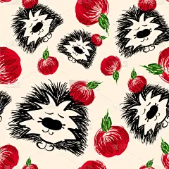 红色,苹果,刺猬,四方连续纹样,分离着色,可爱的,自然,秋天,野生动物,食品