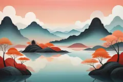 国潮写意扁平山水意境插画