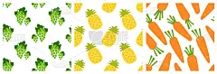 葡萄、菠萝、胡萝卜。果蔬无缝图案套。时装设计。衣物、亚麻布或窗帘的食物印迹。手绘矢量草图背景集合