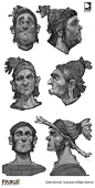 Face Sketches for modelling, Fable Legends, Mike McCarthy : Face sketches for the 3D guys to work from for Fable Legends villagers. The guy at the top is my favourite, reminds me a bit of someone. Pencil, Painter wash.