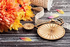 橙色菊花和木制自行车