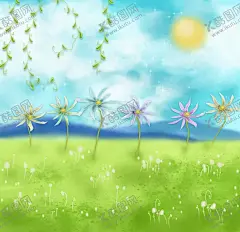 手绘原创草地花卉树插画 【酷图网】草地,告诉,树叶,太阳,花卉,花卉设计图片,高山,