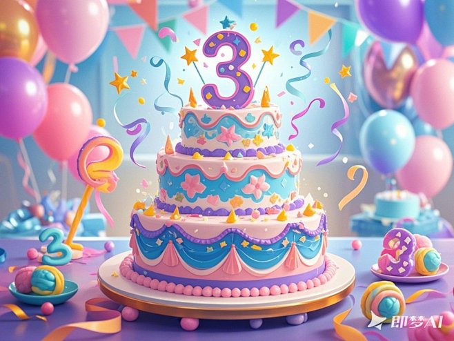 生成3周年庆的生日蛋糕 插画元素， (7...