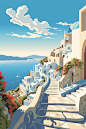 Flat vector art illustration, travel poster featuring Santorini, Greece, Aegean Sea, wide angle, clouds in the sky